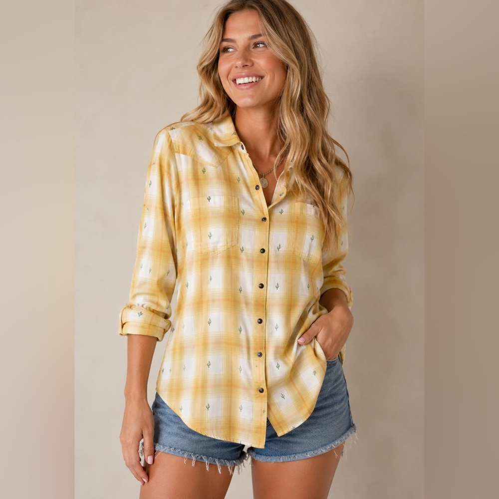 Ariat Billie Jean Cactus Plaid Button Down Shirt Women’s XL Yellow Western